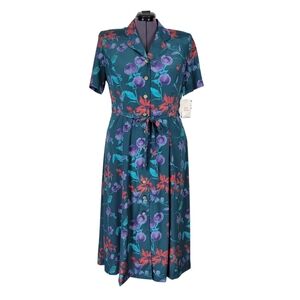 Leslie Fay Midi Dress Size 18 Floral Button Short Sleeve Belt Lightweight New